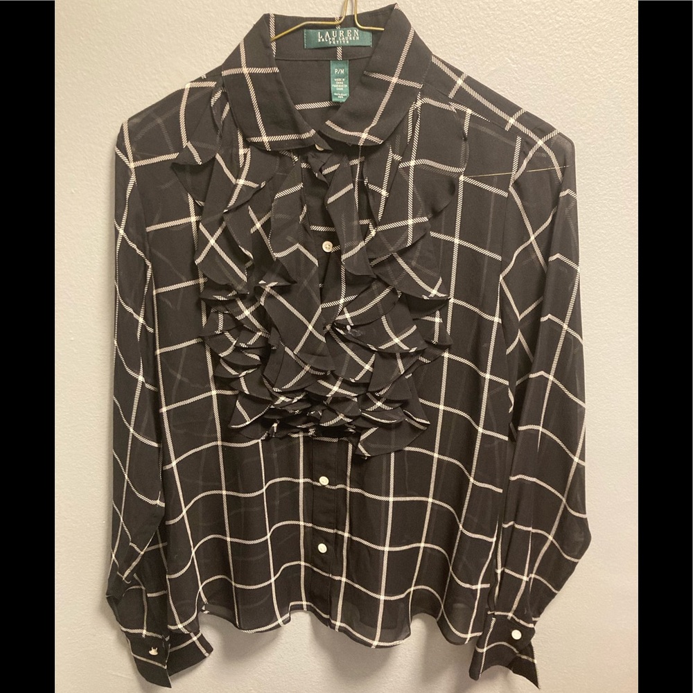NWT Ralph Lauren Silk Black and White Ruffled Button Down Shirt